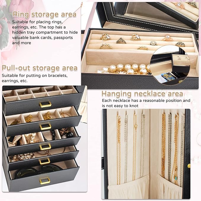 AKOZLIN Huge Jewelry Box Organizer Functional Lockable, Large Leather Jewelry Storage Case for Women Girls Ring Necklace Earring Bracelet Holder Organizer with Mirror-CubbioJoy