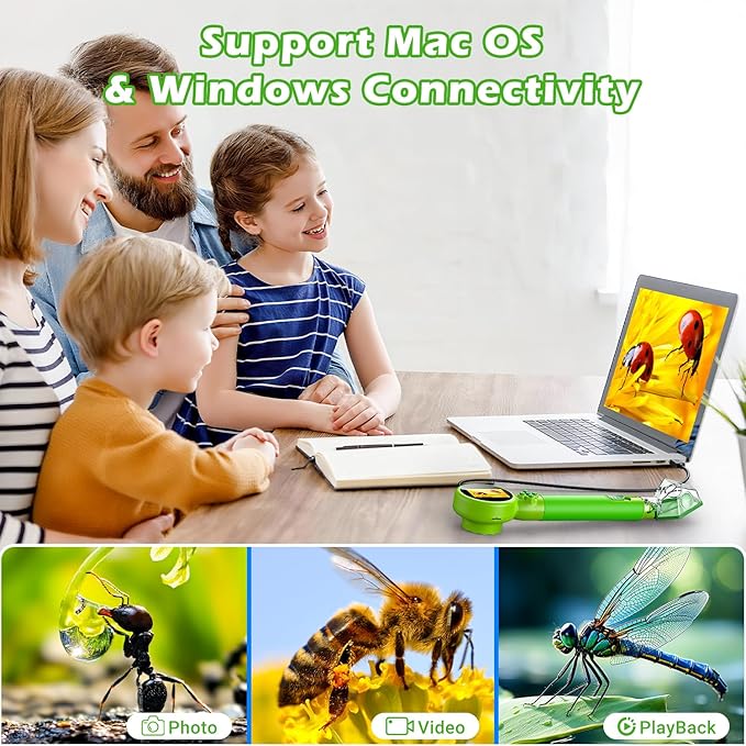 2 in 1 Kids Microscope with Bug Catcher,HD 500X Digital Microscope for Kids with 2" Screen,Photo and Video,STEM Educational Science Kit Learning Toys for Age 3-12 Girls & Boys Birthday Gifts (Green)-CubbioJoy