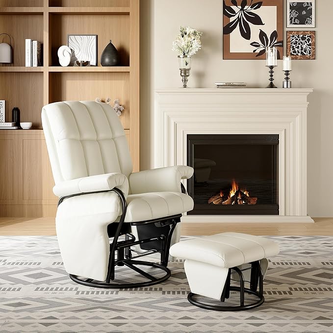 AODAILIHB Swivel Glider Recliner with Ottoman, 360 Rocking Chair with Foot Rest Recliner Chair Indoor Rocking Chair with Side Pockets Nursery Chairs for Living Room, Bedroom, Office (White)-CubbioJoy