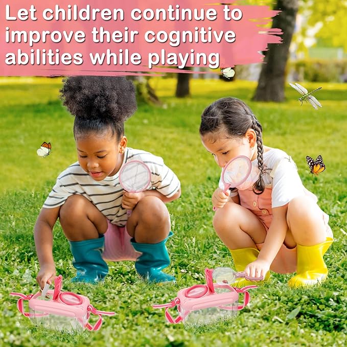 2Sets Bug Catcher for Kids- Sturdy Kids Bug Catching Kit Gifts with Collector Butterfly Net Tweezer, Bugs Habitat Outdoor Explorer Kit for Age 3 4 5 6 7 8, 8Pcs, Pink-CubbioJoy