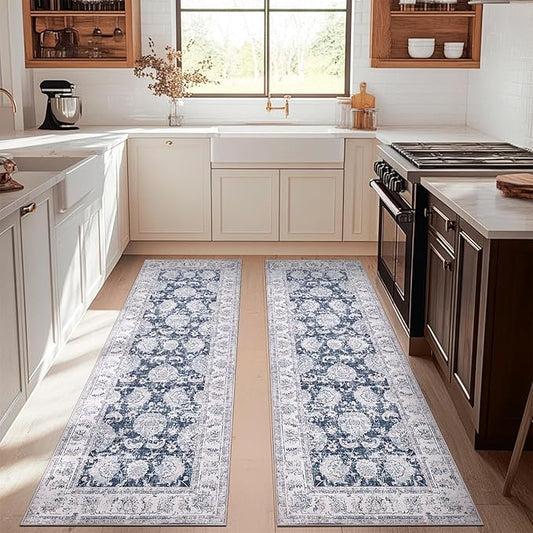 jinchan Runner Rug 3x10-2pcs Kitchen Washable Vintage Hallway Rug Floral Print Floor Cover Indoor Thin Retro Mat Accent for Bathroom Laundry Room Bedroom Office Farmhouse (Double,Dark Blue)-CubbioJoy
