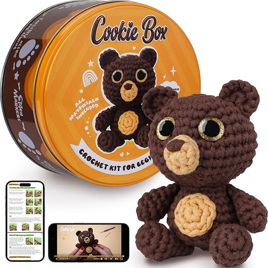 Cookie Box Crochet Kit for Beginners - Learn to Craft Amigurumi Stuffed Animals - Knitting Gift for Kids and Adults - Beginner-Friendly Yarn - Stitch-by-Stitch Video Tutorial - Bear Bruno-CubbioJoy