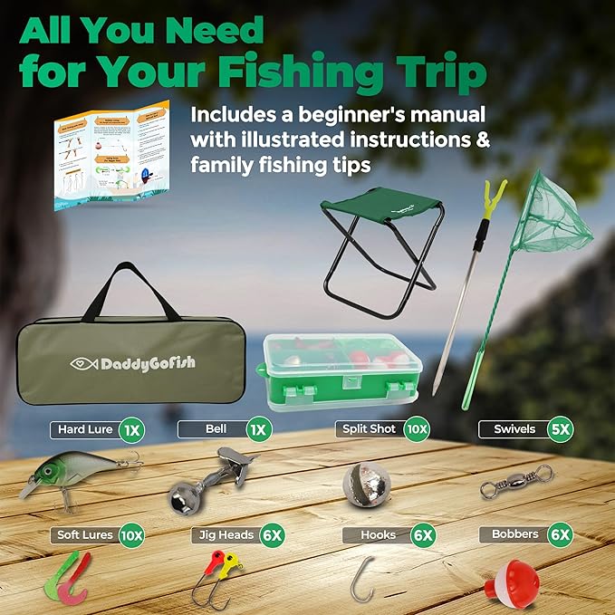 DaddyGoFish Kids Fishing Pole - Rod Reel Combo Tackle Box Starter Set - First Year Small Dock Gear Kit for Boys Girls Toddler Youth Age Beginner Little Children Junior Anglers Older Kids-CubbioJoy