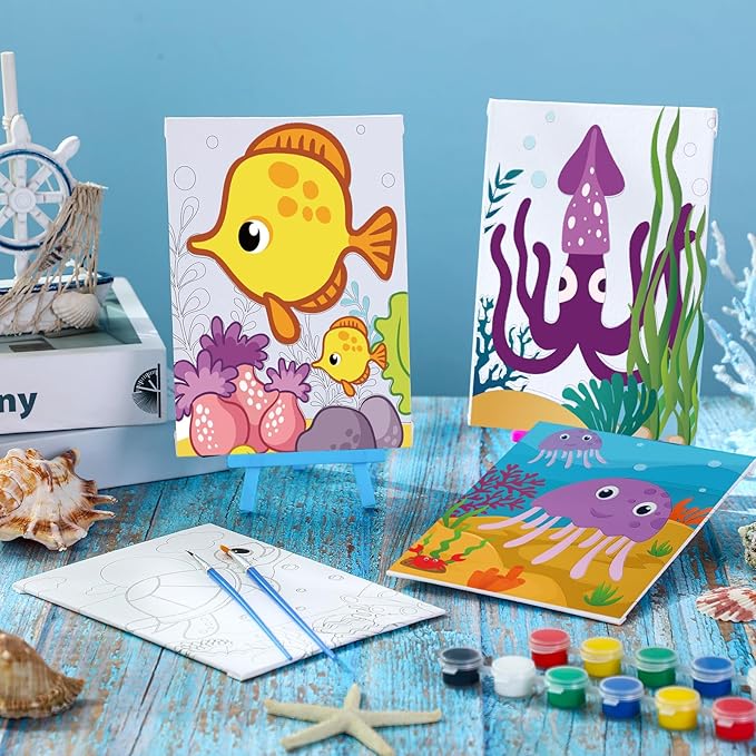 Blosssound 10 Set Pre Printed Canvas Pre Drawn Canvas Painting with Easel Kits 5" x 7" Outline Painting Panels for Beginners, DIY Craft Project, Party Favor, Home Decors(Ocean)-CubbioJoy