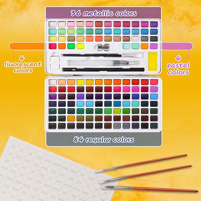 Caliart Watercolor Paint Set, 128 Colors with 4 Brushes Metallic Color Palette Kit, Portable Travel Watercolors Painting Gifts for Adults Kids Teen Girls Boys Art Supplies-CubbioJoy
