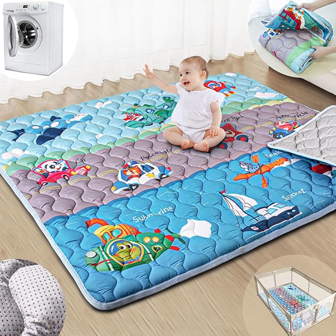 Baby Play Mats for Floor, 71”x59” Upgraded Thickness & Larger Super Soft Playmat for Babies and Toddlers, Foldable Washable, Upgrade Anti-Slip Crawling Mat for Playpen(Vehicles)-CubbioJoy