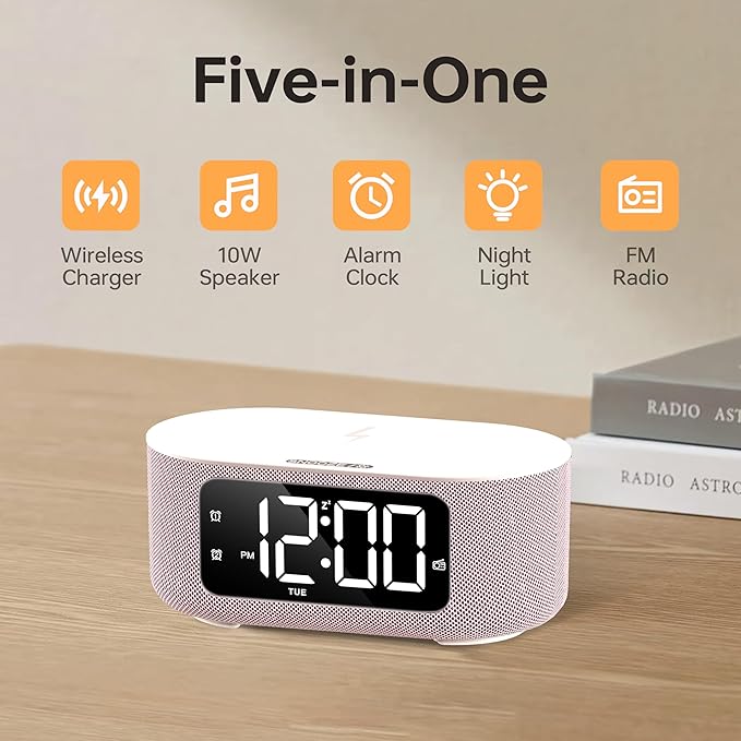 JALL Fabric Alarm Clock for Bedroom, with Big Led Screen Display, Bluetooth Stereo Sound Speaker, FM Radio, Fast Wireless Charging, USB Charging Port, Nightlight, White Noise, Ideal for Gift, Pink-CubbioJoy