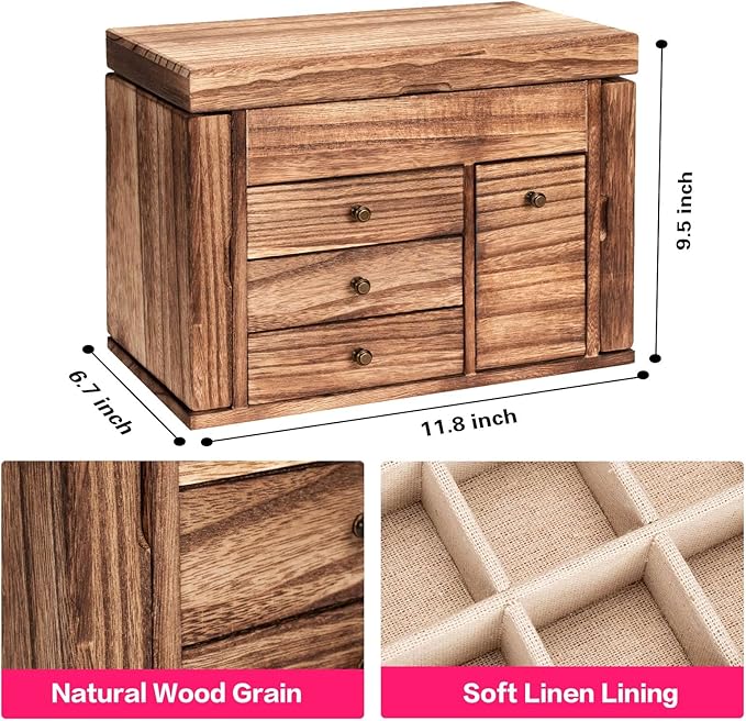 Jewelry Box Organizer, Solid Wood Jewelry Boxes for Women for Storage & Display Necklace Ring Earring Bracelet, Rustic Style Jewelry Organizer Box for Women Gifts (Carbonized Brown)-CubbioJoy