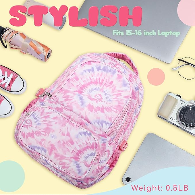 BLUEFAIRY Kids Backpack for Girls Elementary Primary Middle School Bags for Aged 8-10 for Teens Childs Bookbags Back to School Book Bags Gifts Mochilas para Niñas de 6 7 8 9 10 Años Tie-dye Pink-CubbioJoy