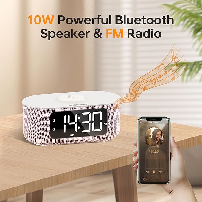 JALL Fabric Alarm Clock for Bedroom, with Big Led Screen Display, Bluetooth Stereo Sound Speaker, FM Radio, Fast Wireless Charging, USB Charging Port, Nightlight, White Noise, Ideal for Gift, Pink-CubbioJoy