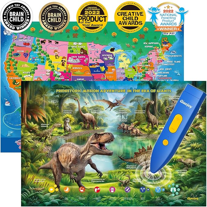 Bilingual Interactive for Kids Talking USA Map Dinosaur Poster for Kids Learning and Educational Toys,Talking Educational Dinosaur Toy for Ages 3 to 12 Years Old,Learning Chart for Preschool/Gift-CubbioJoy