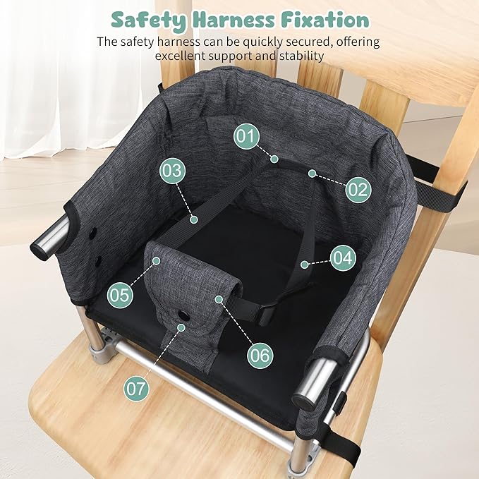 Booster Seat for Dining Table: Portable Toddler Booster Chair with Safety Buckle and Height Adjustable, Foldable Baby Feeding Chair, Kids High Chair Booster Seat for Kitchen Home Travel - Black-CubbioJoy