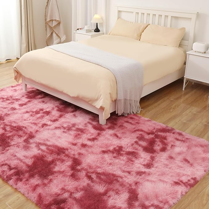 Area Rugs 9x12, Fluffy Rugs for Living Room, Ultra Soft Rugs for Bedroom, Non-Slip Indoor Carpet for Nursery, Kids Room, Playroom, Home Decor, Tie-Dyed Dark Pink-CubbioJoy