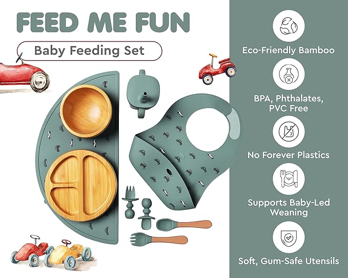 Bamboo Baby Feeding Set for Infants & Toddlers - Baby Essentials, Non-Toxic, Sustainable, Bamboo Suction Plate & Bowl, Bib, Sippy Cup w/Lid & Straw, Perfect Baby Shower Gifts (Pine Gray)-CubbioJoy