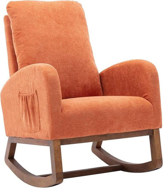 Dolonm Rocking Chair Mid-Century Modern Nursery Rocking Armchair Upholstered Tall Back Accent Glider Rocker for Living Room (Orange)-CubbioJoy