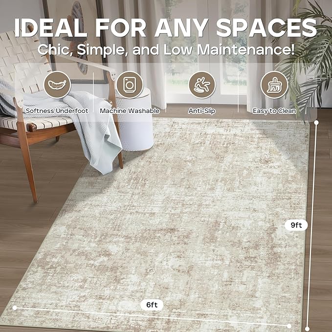 6x9 Area Rugs for Living Room Rug Washable: Modern Rug for Dining Room Bedroom Carpet Non Slip Low Pile 6 by 9 Indoor Abstract Nursery Home Office Beige-CubbioJoy