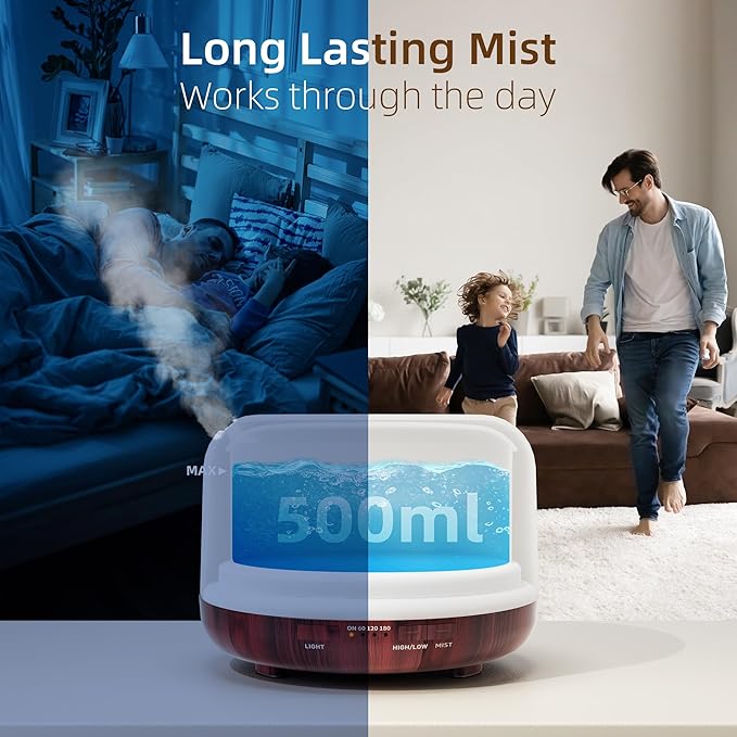 ASAKUKI Essential Oil Diffuser for Home, 500ml Aromatherapy Fragrant Oil Humidifier Vaporizer, 7-Color Light and Auto-Off Safety Switch Reddish-Brown-CubbioJoy