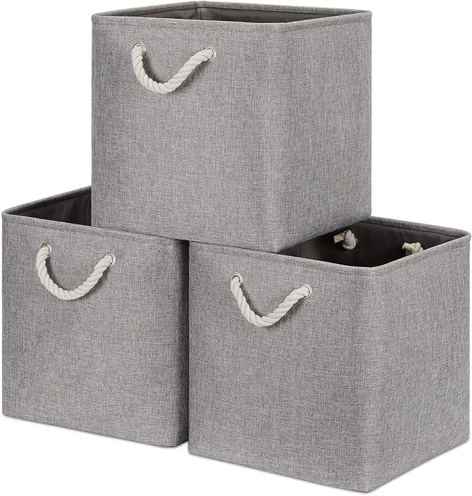 Bidtakay Grey Baskets Foldable Storage Cube Bins 13x13x13 Cube Storage Organizer Closet Set of 3 Fabric Storage Baskets for Home Office Large Baskets for Nursery Baby Toy Storage-CubbioJoy
