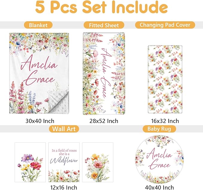 Custom Crib Bedding Set - 5 Pcs Customized Baby Crib Set with Name - Soft Double Layer Flower Nursery Baby Bedding Set for Girls Boys - Personalized for Infants Toddlers-CubbioJoy