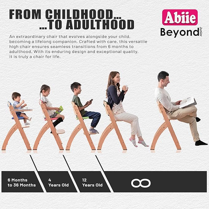 Abiie Beyond Junior Wooden High Chair with Tray - Adjustable and Convertible High Chair for Babies and Toddlers - 6 Months to 250 Lb - Water Resistant - Misty Grey Wood with Black Pearl Cushion-CubbioJoy