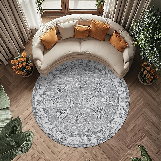 jinchan Round Rug 6ft Area Rug - Grey Vintage Floor Mat Kitchen Indoor Ultra-Thin Soft Floral Print - Washable Circle 6' Retro Accent for Farmhouse Non Slip Dining Room Living Room Bedroom Office-CubbioJoy