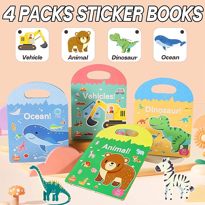 4 Sets Sticker Books for Toddlers 2-4 Years, 122 Pcs Puffy Stickers for Kids, 3D Sticker Books for Toddlers 1-3, Toddler Airplane Travel Essentials for Kids-CubbioJoy