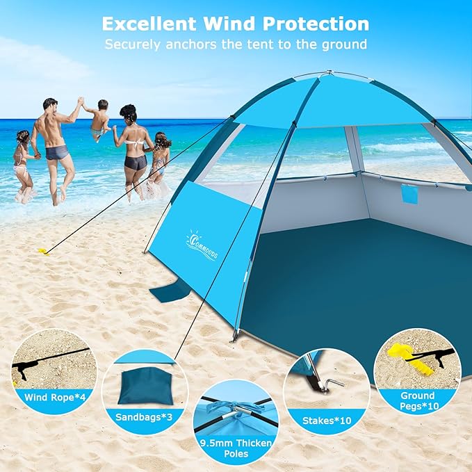 COMMOUDS Beach Tent Sun Shade for 3/4-5/6-7/8-10 Person, UPF 50+ Beach Sun Shelter Canopy Tent, Lightweight, Easy Set Up and Carry-CubbioJoy