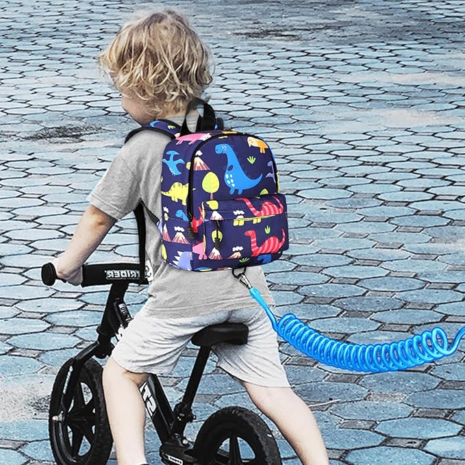 Accmor Toddler Backpack Leash with Anti Lost Wrist Link, Cute Mini Child Walking Harnesses Keep Kids Close Back Pack Rope Tether Rein for Baby Boys (Navy Blue/Dino)-CubbioJoy