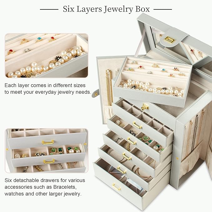 AKOZLIN Large Jewelry Box Organizer Functional Lockable with Big Mirror, Leather Jewelry Storage Case for Women Girls Ring Necklace Earring Bracelet Holder Organizer Grey-CubbioJoy