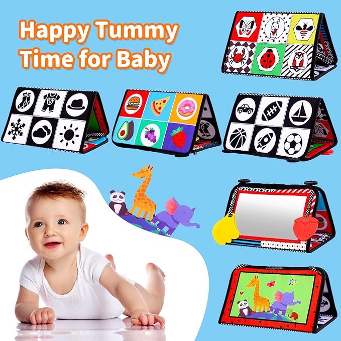 Baby Mirror Tummy Time Toys 0-3 3-6 Months Sensory Crinkle Baby Books Black and White High Contrast Baby Toys for Newborn Infant Montessori Car Seat Toys 0-6 Month Boy Girl Easter Basket Stuffers Gift-CubbioJoy