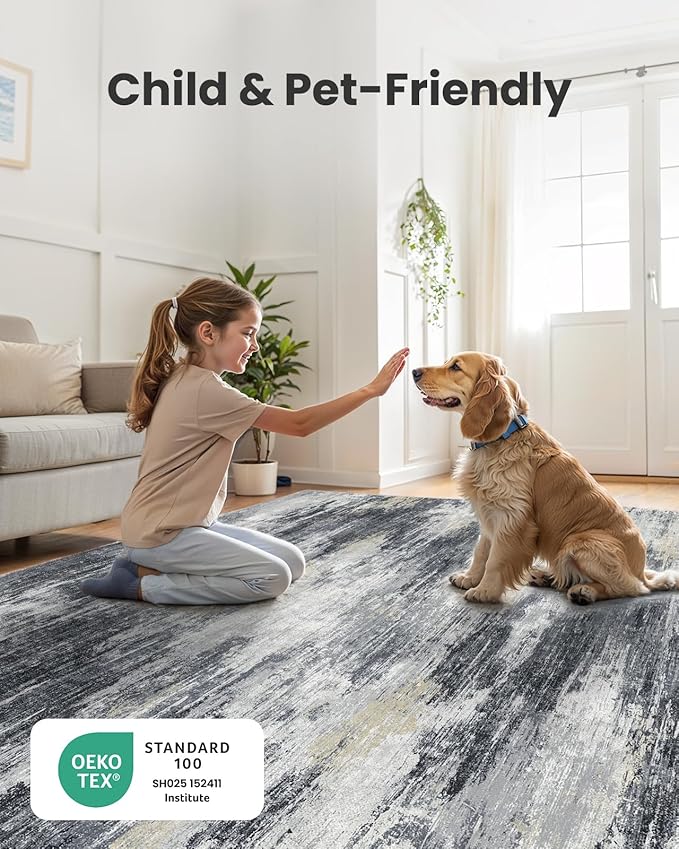 Amada 9x12 Large Area Rug, Modern Abstract Living Room Rug with Non-Slip Backing & Short Pile, Washable Rug with Abstract Pattern for Living Room, Bedroom and Dinning Room, Light Grey-CubbioJoy