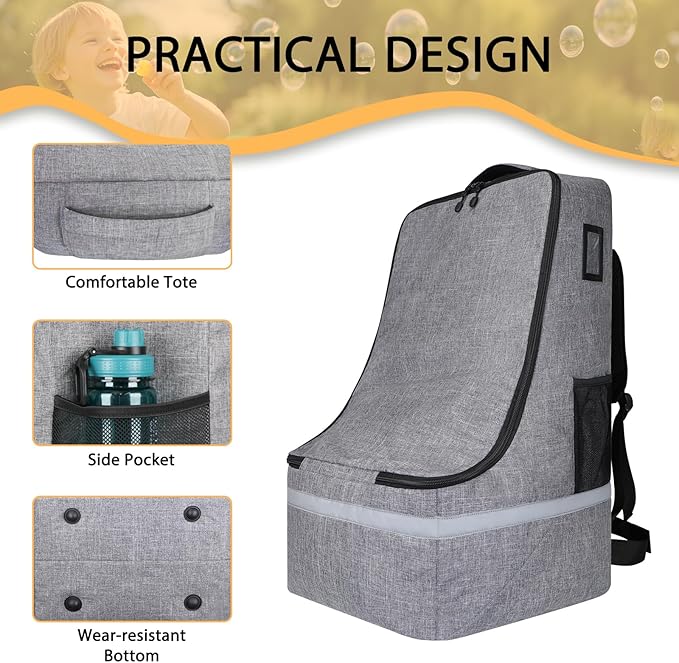 Car Seat Travel Bag for Airplane,Infant Seat Travel Bag with Shoulder Strap,Padded Car Seats Backpack with Reflective Stripes,Large Carseat Carrier Bag Travel Car Seat Cover,Grey-CubbioJoy