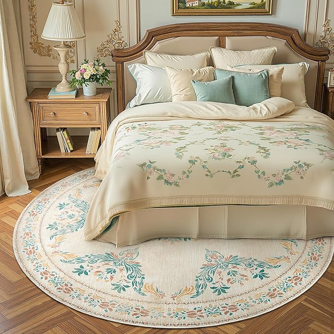 jinchan Round Rug 6ft Area Rugs Vintage Floral Distressed Design,Machine Washable Soft Non-Slip Low-Pile Ultra-Thin Circle Rug for Bedside Living Room Dining Room Bedroom (6' Round, Apricot Multi)-CubbioJoy