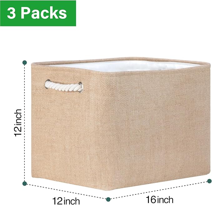 Bidtakay Fabric Storage Baskets for Shelves 3 Pack Large Storage Bins for Organizing Linen Collapsible Organizer for Closet-Flaxen-CubbioJoy