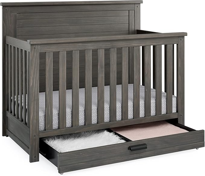 Delta Children Simmons Kids Caden 6-in-1 Convertible Crib with Trundle Drawer, Greenguard Gold Certified, Rustic Grey-CubbioJoy