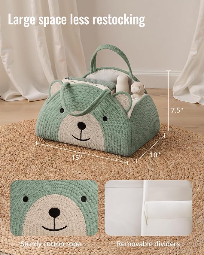 Blissful Diary Baby Diaper Caddy Organizer, Cotton Rope Diaper Caddy Basket, Large Storage Basket, Gift for Baby Shower, Newborn Essentials, Bear Roman Green-CubbioJoy