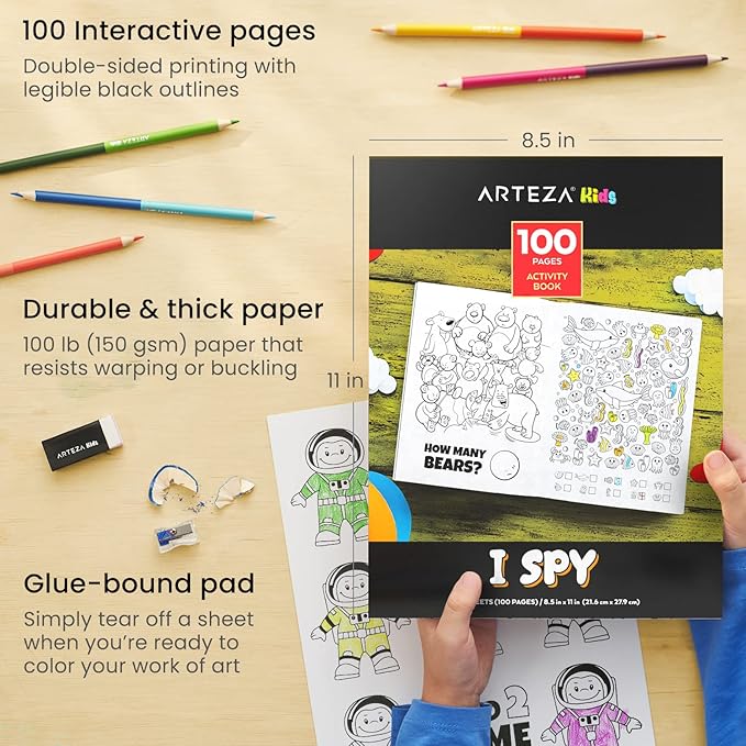 Arteza Kids Activity Book, I Spy Coloring Book, 8.5 x 11 Inches, School Supplies for Ages 6 and Up, 50 Sheets, 12 Double-Ended Colored Pencils, Black Marker, Eraser, Pencil Sharpener-CubbioJoy