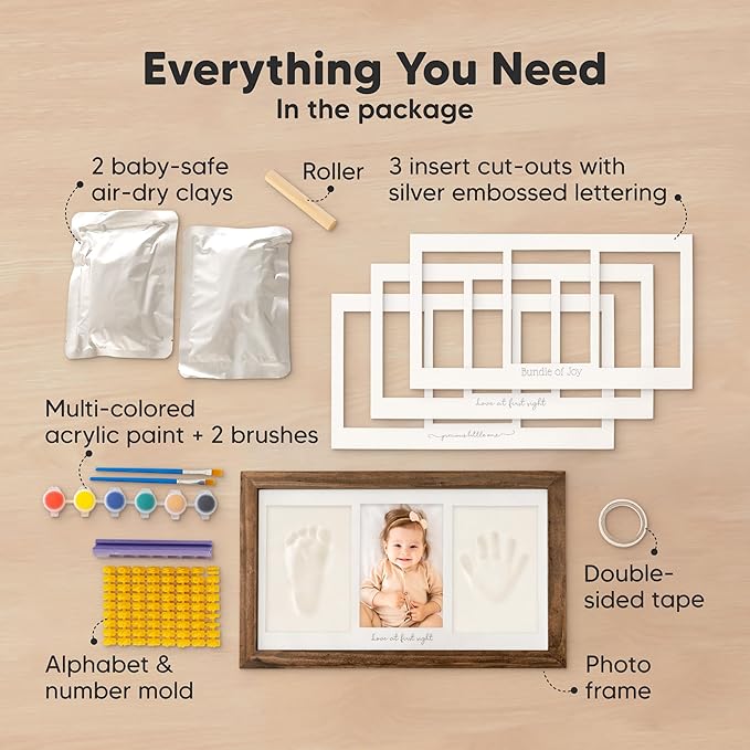 Baby Hand and Footprint Kit - Clay Handprint Keepsake Frame, Newborn Nursery Picture Frame, Personalized New Mom Gifts for Baby Shower & Registry (Medium Oak)-CubbioJoy