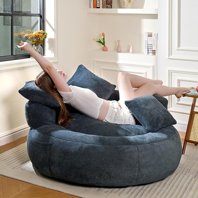 Bean Bag Chair for Adults, Comfortable Bean Bag Sofa with Back Support and Pillows, Giant Bean Bag Chairs Suitable for Living Rooms, Bedrooms and Apartments -Dark Blue-CubbioJoy