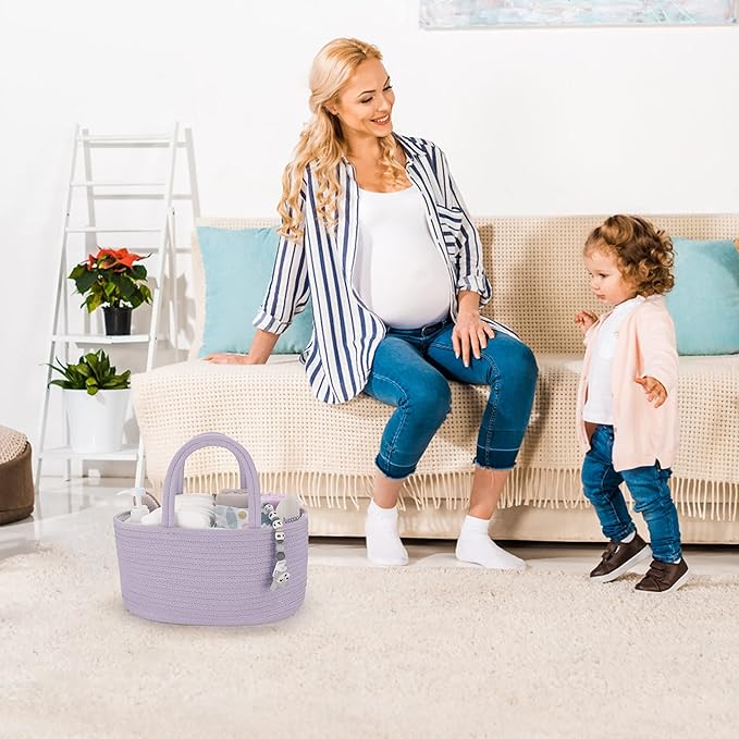 Baby Diaper Caddy Organizer Cotton Rope Nursery Storage Bin Basket Portable Holder Tote Bag for Changing Table Car Travel Baby Shower Gifts Newborn Essentials Registry Must Have Purple or Lavender-CubbioJoy