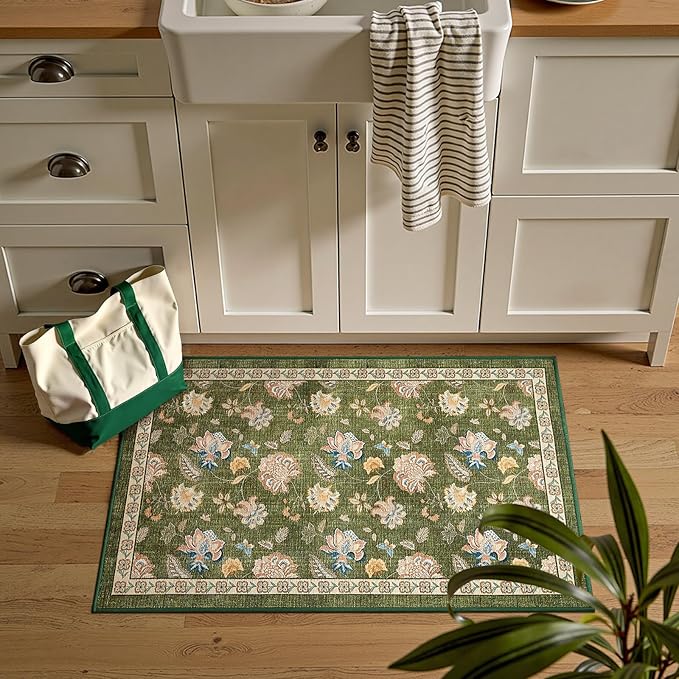 jinchan 2x3 Floral Rug for Entryway Washable Kitchen Rug Vintage Romance Design Small Mat Non Slip Indoor Doormat Lightweight Low-Profile Throw Carpet for Entrance Bathroom Laundry Room, Green-CubbioJoy