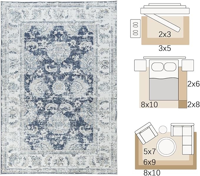 jinchan 6x9 Area Rug for Living Room Machine Washable Vintage Floral Distressed Design Stain Resistant Boho Carpet Ultra-Thin Low Pile Non-Slip Rug for Bedroom Dining Room Home Office(6‘x9',Dark Blue)-CubbioJoy