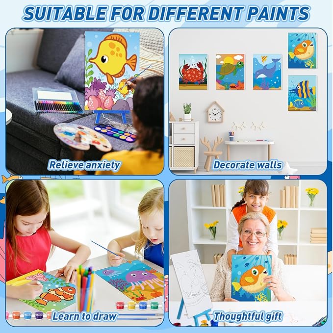 Blosssound 10 Set Pre Printed Canvas Pre Drawn Canvas Painting with Easel Kits 5" x 7" Outline Painting Panels for Beginners, DIY Craft Project, Party Favor, Home Decors(Ocean)-CubbioJoy