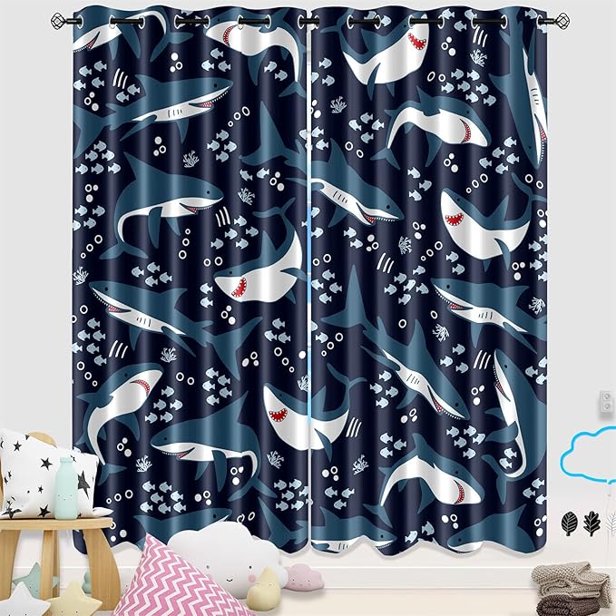 Cartoon Shark Blackout Curtain Panels Curtains Blue Curtains for Boys Bedroom Grommet Top Window Treatment 2 Panels Drapes Kids Room Decor Navy Blue Curtains 84 Inch Length, 82''x84''-CubbioJoy