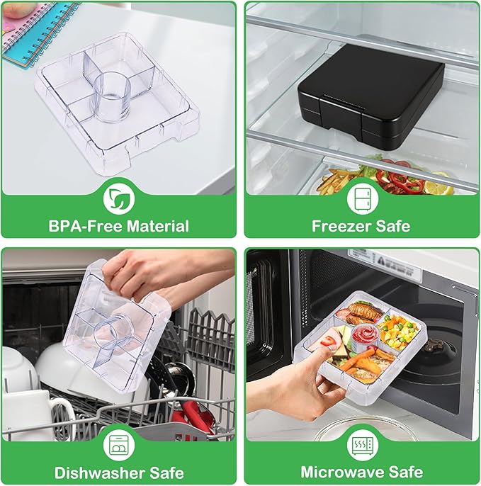 Bento Lunch Box Set With 10oz Soup Thermo, Leak-proof Lunch Containers with 4 Compartment, Kids Hot Thermo Food Jar/Insulation Lunch Bag, Food Containers for School (Black)-CubbioJoy