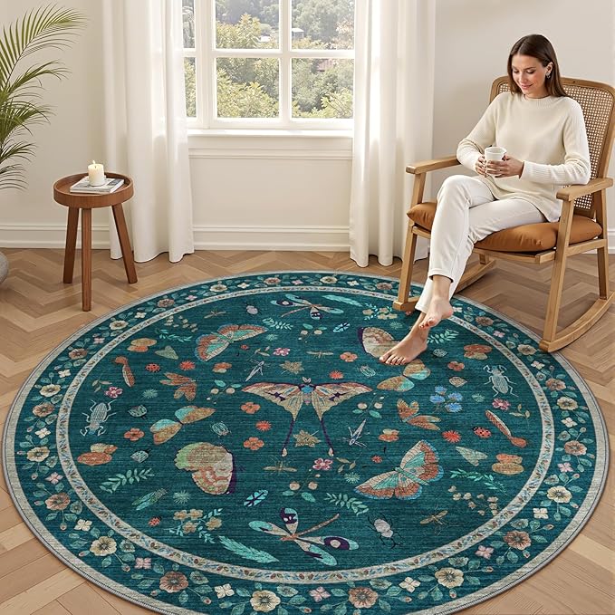 6ft Washable Round Rug - Bug Rugs for Living Room Non-Slip Low Pile Soft Ultra-Thin Machine Washable Circle Carpet for Bedroom, Entryway, Nursery, Kitchen, Home Office (6' Round Teal)-CubbioJoy