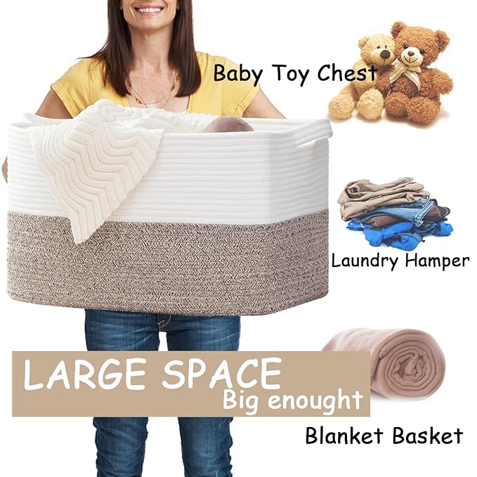 COMFY-HOMI Large Laundry for Organizing|Rectangle Cotton Rope Storage with Handles|Blanket for Living Room|Woven Laundry for Towels, Toys, Clothes-22x15x12”-White/Brown-CubbioJoy