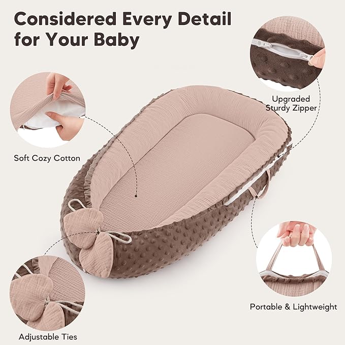 Baby Lounger - Infant Lounger Pillow for Newborn 0-24 Months, Soft, Breathable & Portable Baby Lounger Pillow for Boys & Girls, Cozy Baby Floor Seat for Home & Travel (Sand)-CubbioJoy