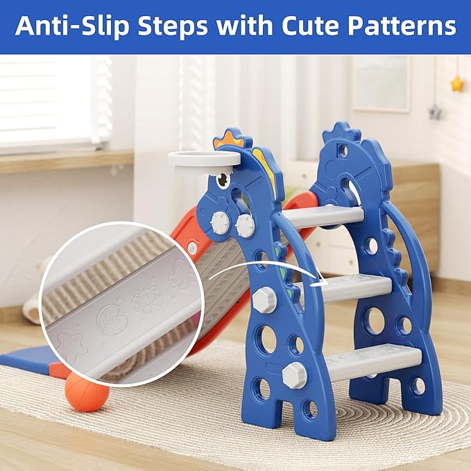 67i Toddler Slide for Indoor & Outdoor Play with Basketball Hoop, Anti-Slip Steps, 46.8in Baby Climber (Blue)-CubbioJoy