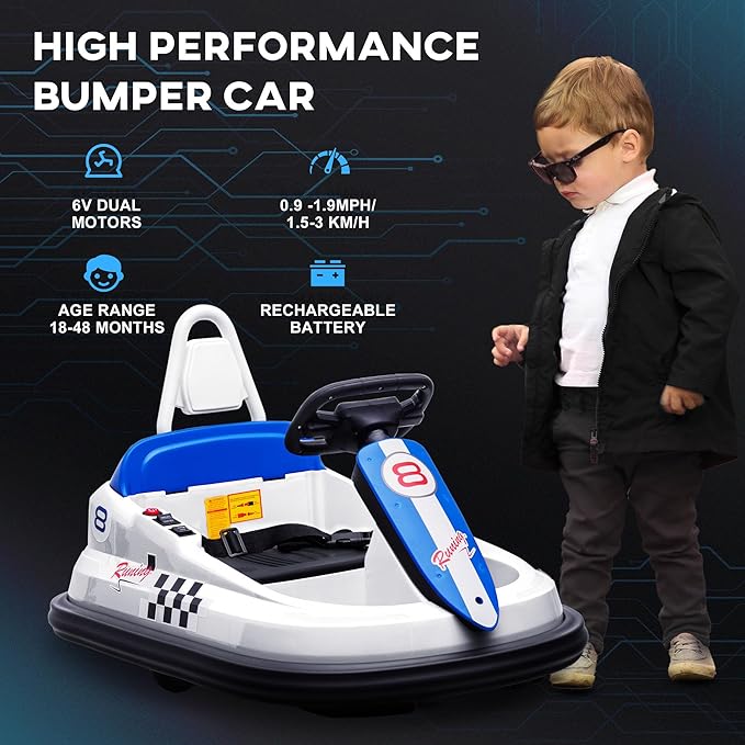 Aosom Toddler Bumper Car, 360° Rotation 6V Kids Electric Ride on Bumper Car with EVA Bumper Edges, Twins Motor, Songs, Horn, LED Lights, Safety Belt for 18-48 Months, White-CubbioJoy
